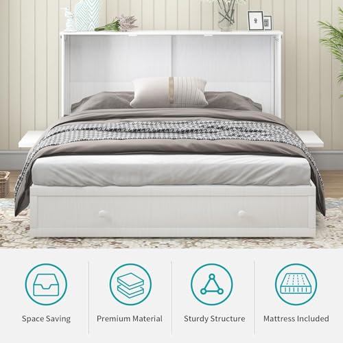 BALUS Murphy Bed Cabinet,Queen Murphy Bed with Tri-fold Mattress & USB Charging Station,Modern Wall Chest Beds with Folding Night Stand Trays and Storage Drawers for Bedroom Living Room,Grey-Blue