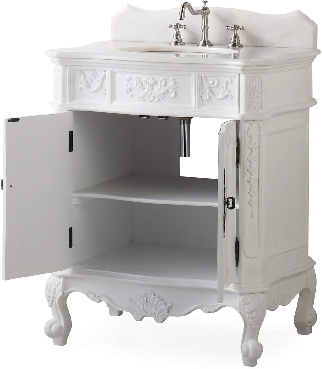 30.75 Ellenton Antique Style White Bathroom Sink Vanity & Mirror Set HF-080W-AW-BS-MIR