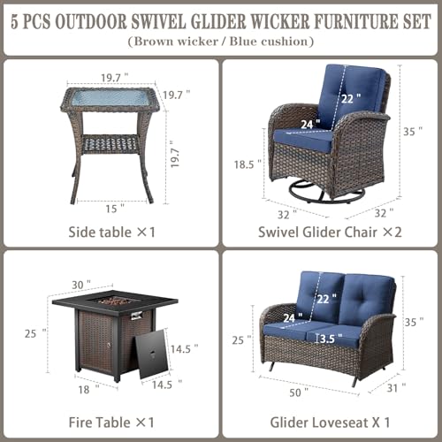 Patio Wicker Chairs Swivel Rocker - Outdoor Swivel Rocking Chairs Set of 2 with Rattan Side Table, Patio Swivel Glider Chair 3 Piece Patio Furniture Sets for Deck Porch Pool Brown/Blue