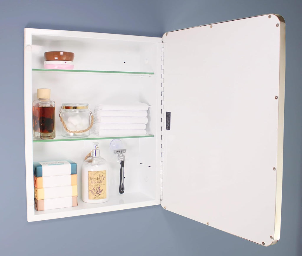 16x20 Austin Farmhouse Metal Framed Rounded Rectangle Recessed Bathroom Medicine Cabinet, Beveled Mirror, 14x18 in-Wall Opening, powder-coated Steel, Glass Shelves, Magnet Close, Brushed Nickel