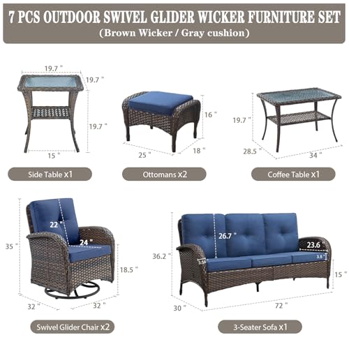 Patio Wicker Chairs Swivel Rocker - Outdoor Swivel Rocking Chairs Set of 2 with Rattan Side Table, Patio Swivel Glider Chair 3 Piece Patio Furniture Sets for Deck Porch Pool Brown/Blue