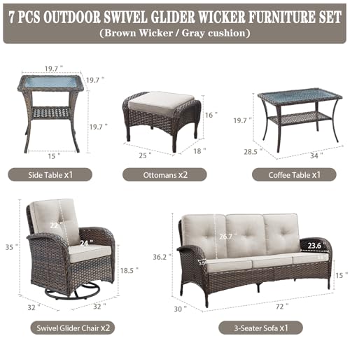 Patio Wicker Chairs Swivel Rocker - Outdoor Swivel Rocking Chairs Set of 2 with Rattan Side Table, Patio Swivel Glider Chair 3 Piece Patio Furniture Sets for Deck Porch Pool Brown/Blue