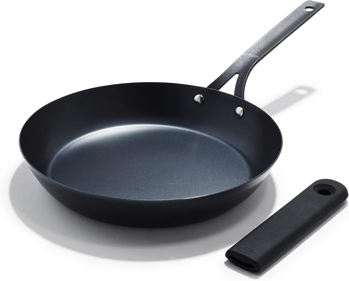 OXO Obsidian Pre-Seasoned Carbon Steel, 12 Wok Pan with Removable Silicone Handle Holder, Induction, Oven Safe, Black