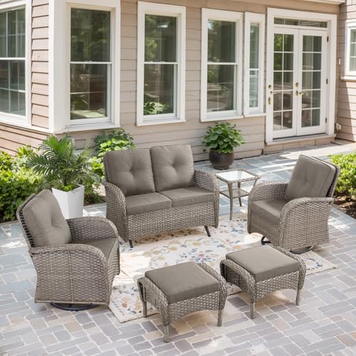 Patio Wicker Chairs Swivel Rocker - Outdoor Swivel Rocking Chairs Set of 2 with Rattan Side Table, Patio Swivel Glider Chair 3 Piece Patio Furniture Sets for Deck Porch Pool Brown/Blue