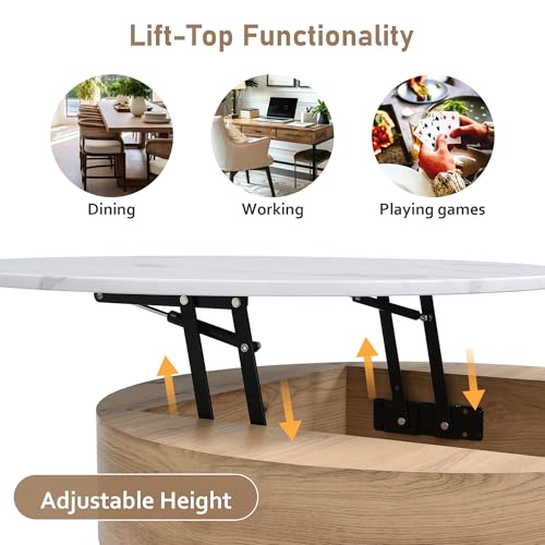 Linique Modern Round Lift-Top Coffee Table with Storage and 3 Ottoman, White + Black