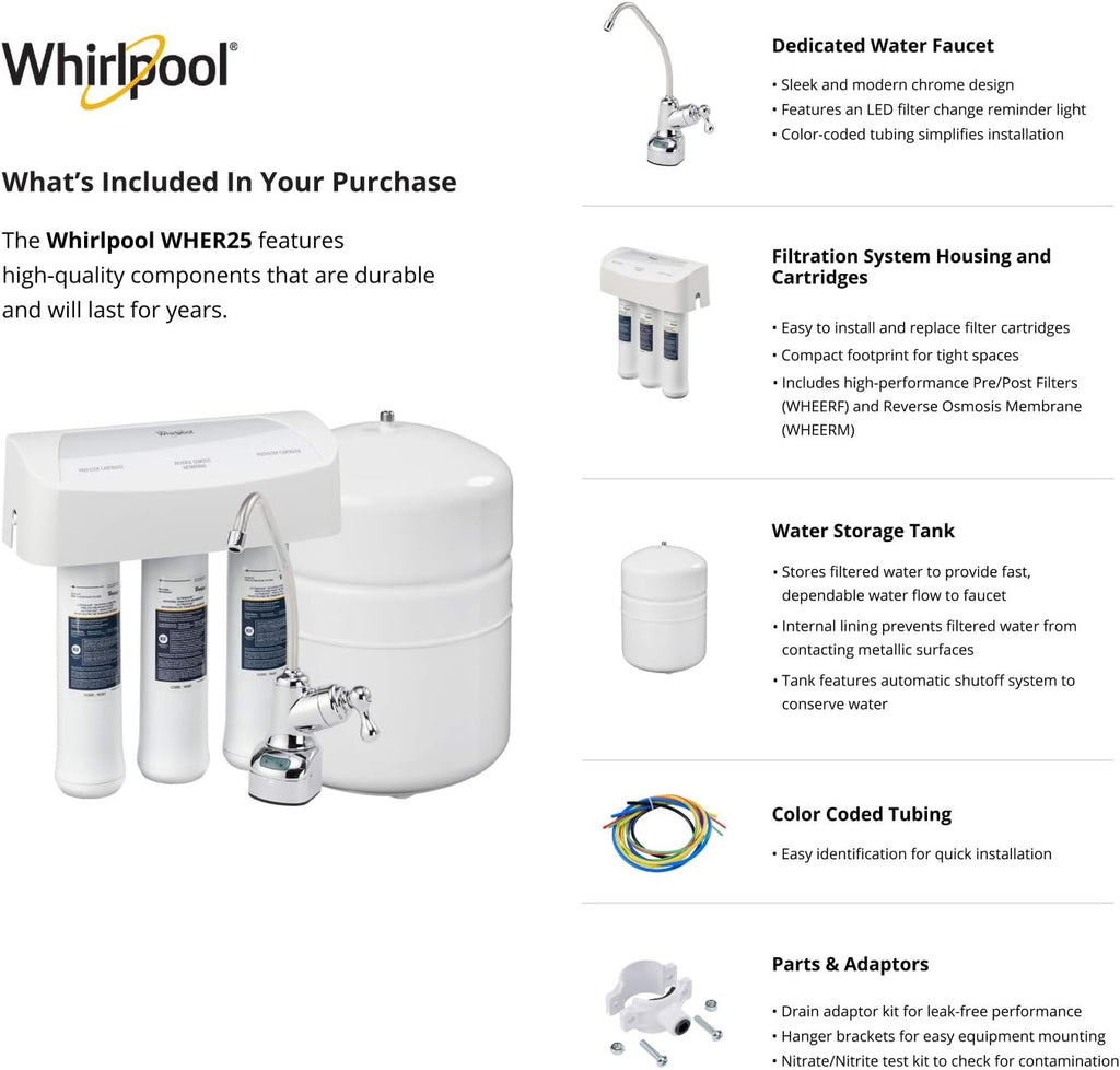 Whirlpool WHER25 Reverse Osmosis (RO) Filtration System With Chrome Faucet | Extra Long Life | Easy To Replace UltraEase Filter Cartridges, White