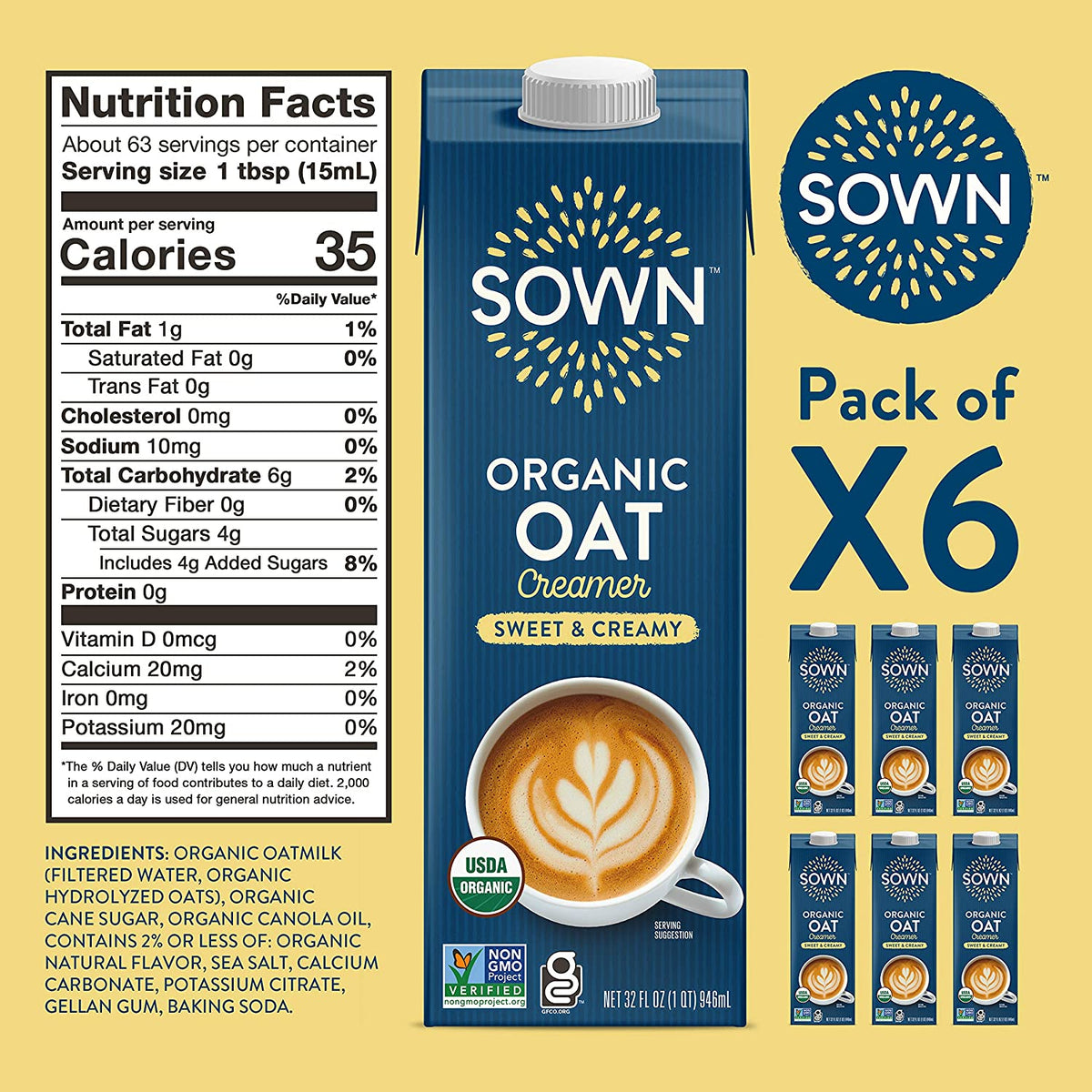 SOWN Organic Oat Creamer Unsweetened - Barista Oat Milk Non Dairy Coffee Creamer - Plant Based, Dairy-Free, Vegan, 0g Added Sugar, Gluten-Free, Non-GMO, Shelf Stable - 32oz (Pack of 6)