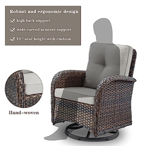 Patio Wicker Chairs Swivel Rocker - Outdoor Swivel Rocking Chairs Set of 2 with Rattan Side Table, Patio Swivel Glider Chair 3 Piece Patio Furniture Sets for Deck Porch Pool Brown/Blue