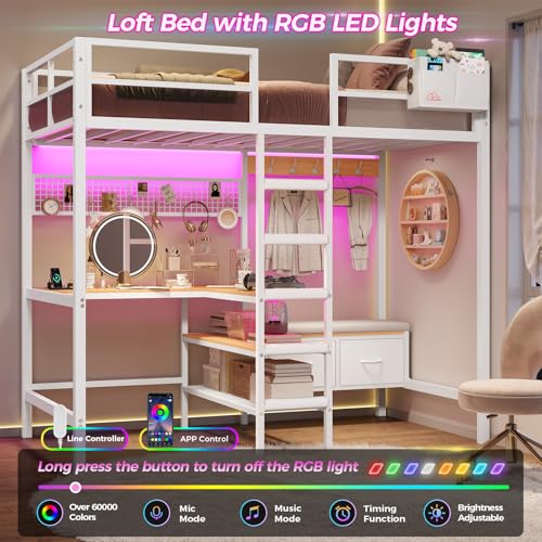 DICTAC Twin Loft Bed with L-Shaped Desk,Storage Shelves and Charging Station Metal Loft Bed Twin Size with LED Lights,Coat Rack with Drawers and Stair,Top Bunk with Safety Guardrail for Teen,Black