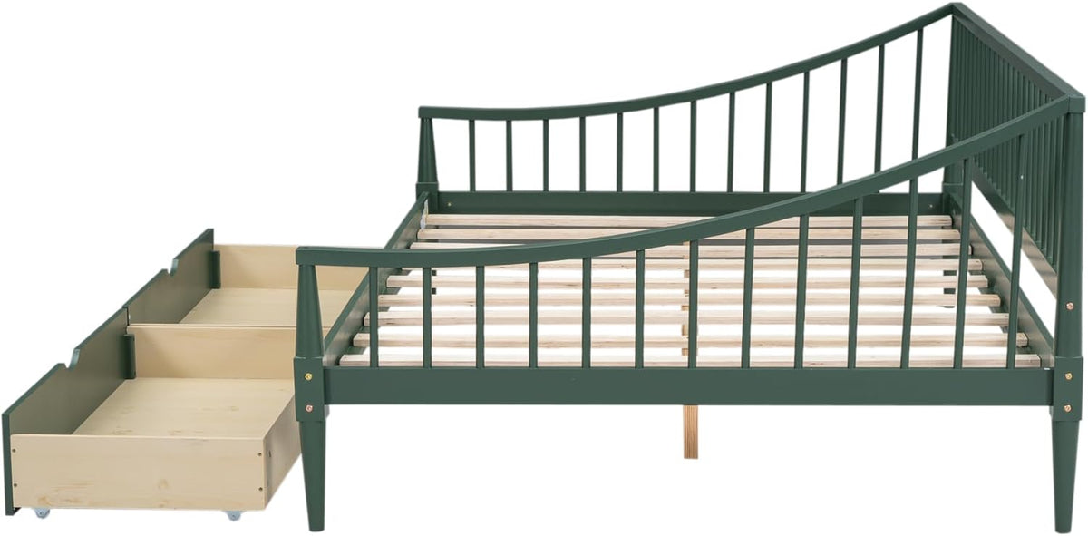 Full Size Wooden Daybed with 2 Storage Drawers and Wood Support Legs, Multi-Functional Full Day Bed wtih Rails on 3 Sides for Bedroom, Living Room and Guestroom, Green