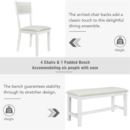 Wood Dining Table Set for 6 with 4 Upholstered Chair & 1 Bench, Mid-Century Modern Dining Room Table Set with Chairs Dinner Table Set for Dining Room, Kitchen, Natural