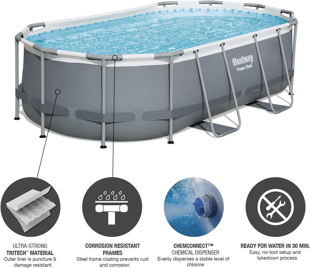 Bestway 56655E Power Steel 16ft x 10ft x 42in Outdoor Oval Frame Above Ground Swimming Pool Set with 1000 GPH Cartridge Filter Pump, Ladder, and Cover