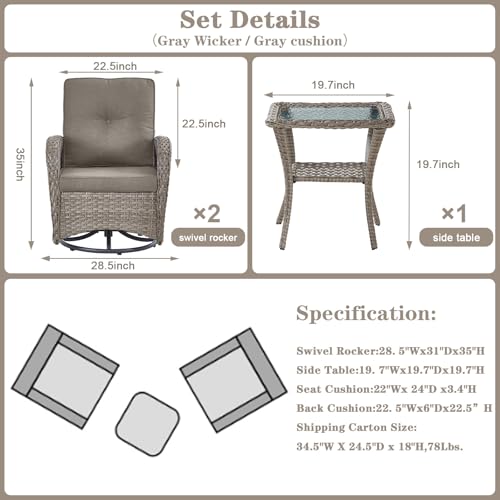 Patio Wicker Chairs Swivel Rocker - Outdoor Swivel Rocking Chairs Set of 2 with Rattan Side Table, Patio Swivel Glider Chair 3 Piece Patio Furniture Sets for Deck Porch Pool Brown/Blue
