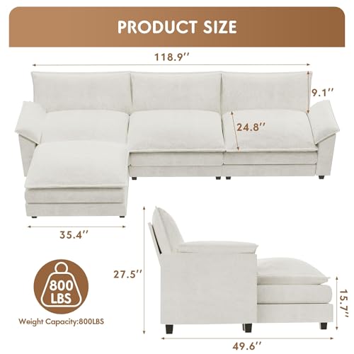 YESHOMY Sectional Modular Sofa U Shaped Chenille Fabric Couch with High Supportive & Soft Sponges and Removable Ottoman, Sleeper Comfy Upholstered Furniture for Living Room, Grey