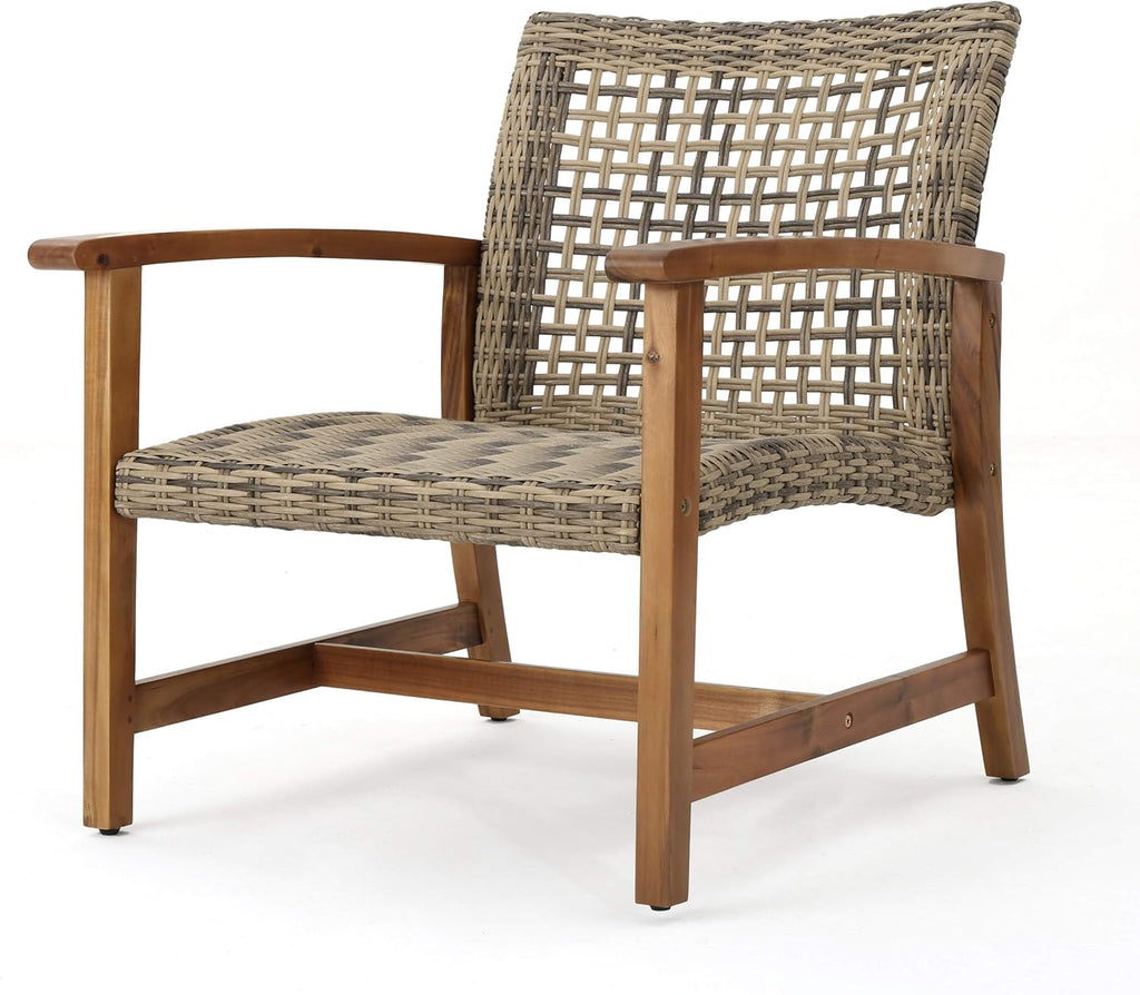 Christopher Knight Home Hampton Outdoor Mid-Century Wicker Club Chairs with Acacia Wood Frame, 2-Pcs Set, Natural Stained / Grey