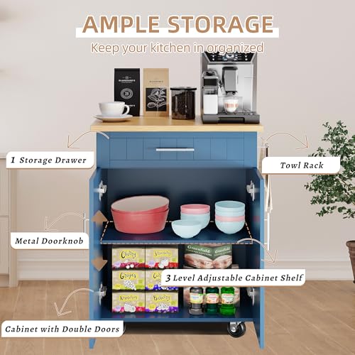 Shintenchi Kitchen Island Cart with Storage,Rolling Side Table on Wheels with Large Worktop, Cabinet,Towel Rack and Drawers for Kitchen,Dinning Room, White