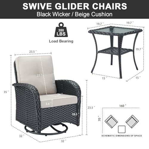 Patio Wicker Chairs Swivel Rocker - Outdoor Swivel Rocking Chairs Set of 2 with Rattan Side Table, Patio Swivel Glider Chair 3 Piece Patio Furniture Sets for Deck Porch Pool Brown/Blue