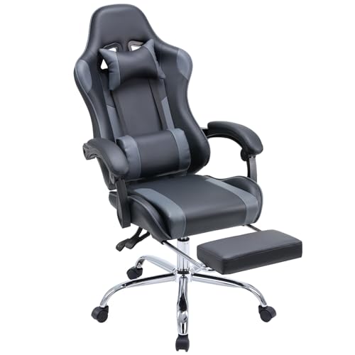DUMOS Ergonomic Gaming Desk Chair - PU Leather Recliner with Footrest, Lumbar Support, Headrest, Fixed Armrests, Height Adjustable, 360?? Swivel, Grey, for Adults