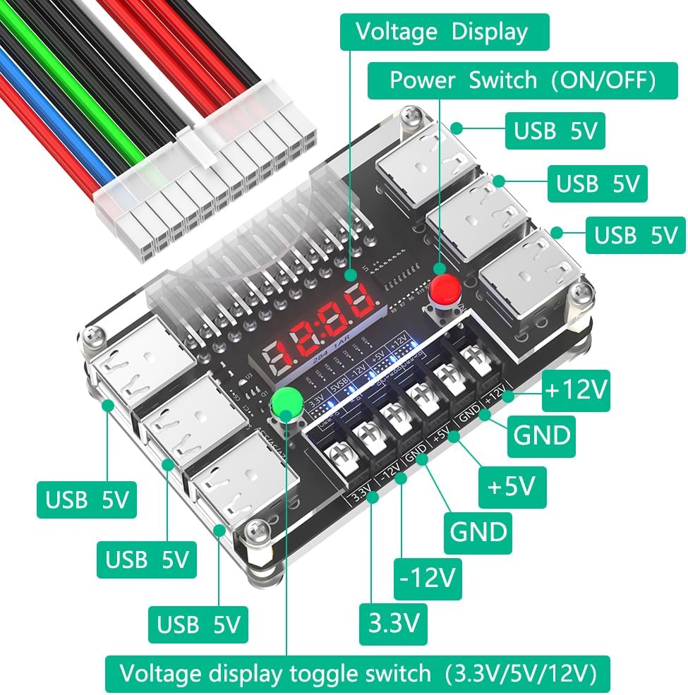 New Version ATX Power Supply Breakout Board and Acrylic Case Kit with 3.3V, 5V, 12V,-12V Output Voltage and 12 Ports USB, 3A Maximum Output