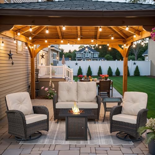Patio Wicker Chairs Swivel Rocker - Outdoor Swivel Rocking Chairs Set of 2 with Rattan Side Table, Patio Swivel Glider Chair 3 Piece Patio Furniture Sets for Deck Porch Pool Brown/Blue