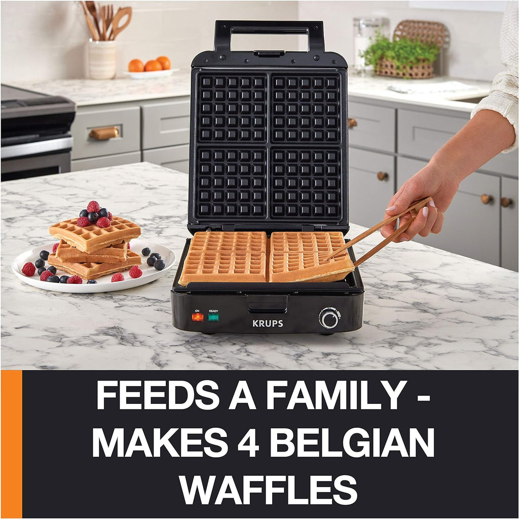 KRUPS Belgian Waffle Maker, Waffle Maker with Removable Plates, 4 Slices, Silver/Black
