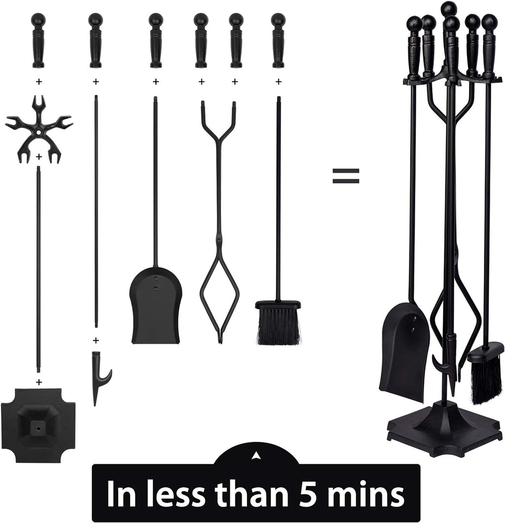 Parts & Accessories 5-Piece Fireplace Tools Set, 32 Inch Wrought Iron Fireplace Accessories Includes Fire Poker, Shovel, Brush, Tong, and Stand, Easy to Assemble
