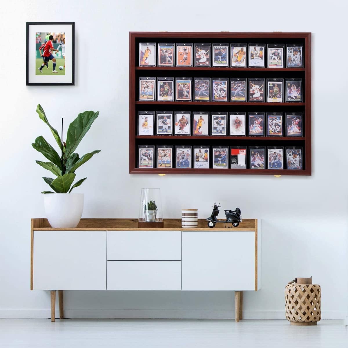 35 Graded Sports Card Display Case - Baseball Card Display Frame with UV Protection Clear View Lockable Wall Cabinet for Basketball Collectible Trading Card Black Finish