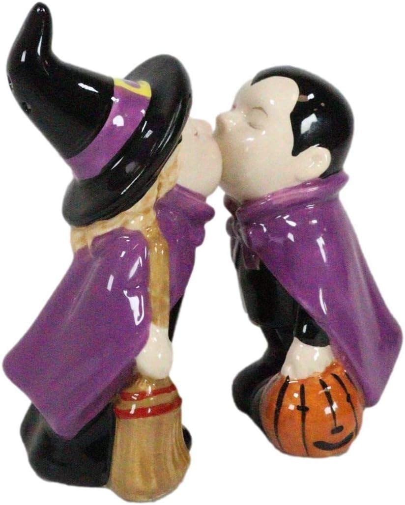 Ebros Gift Halloween Villains Vampire Dracula Kissing Witch With Broomstick Salt And Pepper Shakers Set Magnetic Ceramic Figurines With Rubber Stoppers Wicca Witchcraft Witches Themed Accents