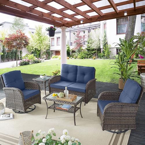 Patio Wicker Chairs Swivel Rocker - Outdoor Swivel Rocking Chairs Set of 2 with Rattan Side Table, Patio Swivel Glider Chair 3 Piece Patio Furniture Sets for Deck Porch Pool Brown/Blue