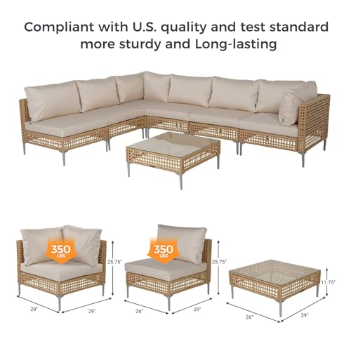 Grand patio 7-Piece Wicker Patio Furniture Set, Boho Outdoor Conversation Set Sectional Sofa with Water Resistant Thick Cushions and Coffee Table, Cream