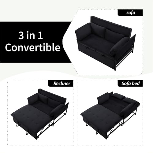 3 in 1 Sleeper Sofa Bed, Futon Sofa Bed for Living Room with Side Pocket, Black Sleepers Sofa Couch with Pullout Bed, Convertible Love Seat Sleepers Bed for Living Room, Bedroom, Small Space