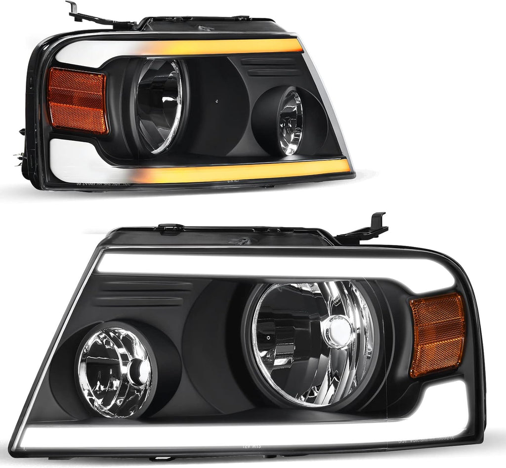 AUTOSAVER88 Switchback LED Tube Headlights Assembly Compatible with 2004 2005 2006 2007 2008 Ford F150 F-150 DRL Headlamp Replacement Pair with Amber Reflector