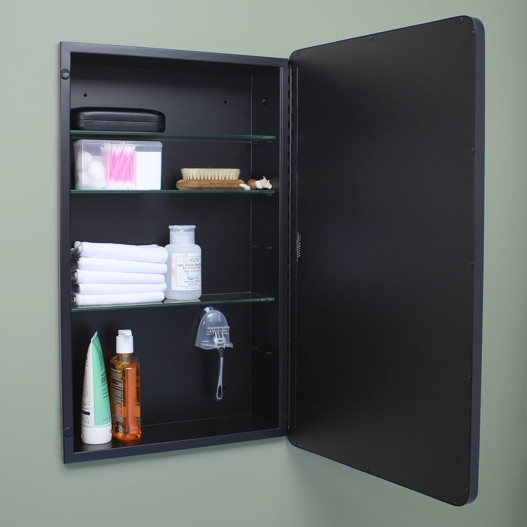 16x20 Austin Farmhouse Metal Framed Rounded Rectangle Recessed Bathroom Medicine Cabinet, Beveled Mirror, 14x18 in-Wall Opening, powder-coated Steel, Glass Shelves, Magnet Close, Brushed Nickel