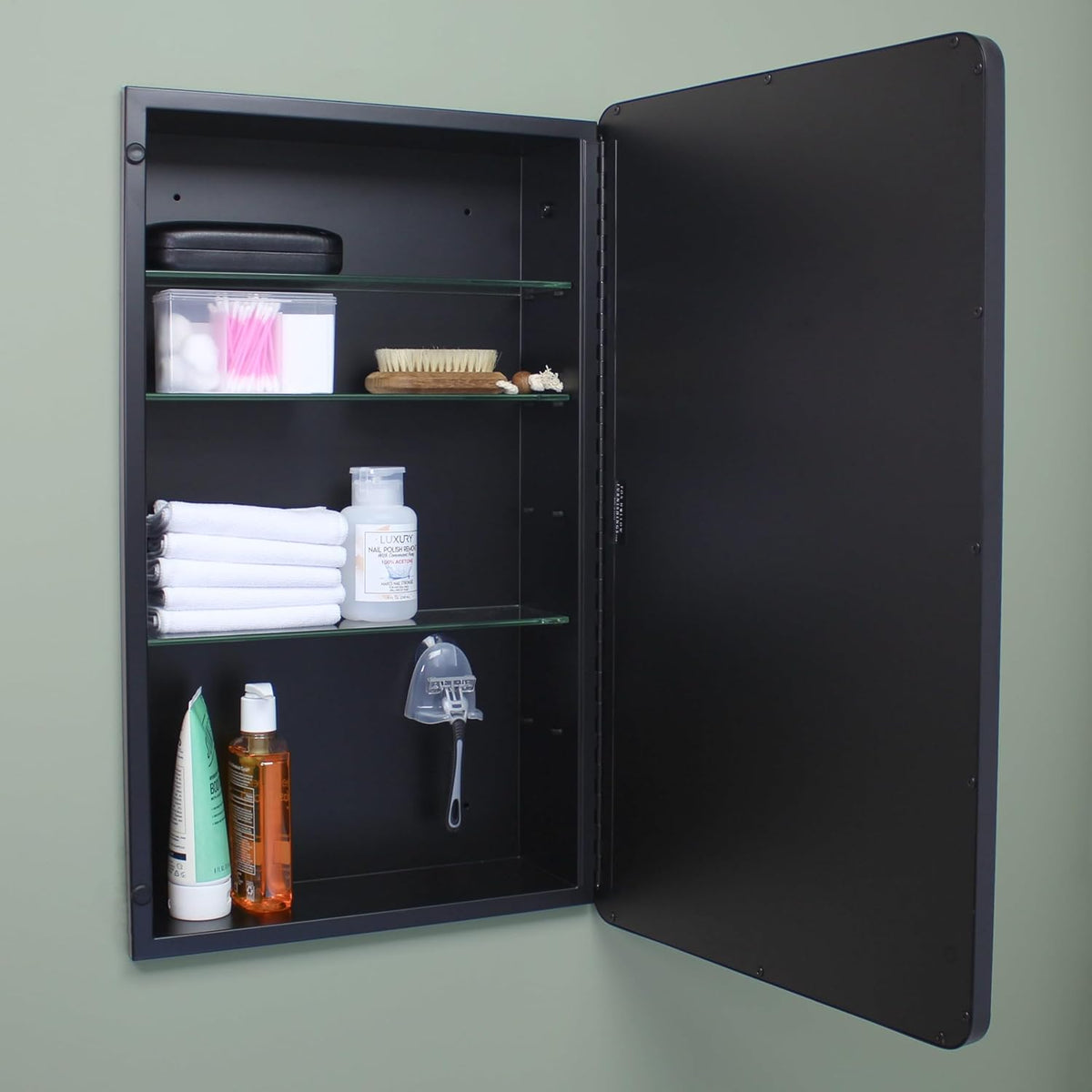 16x20 Austin Farmhouse Metal Framed Rounded Rectangle Recessed Bathroom Medicine Cabinet, Beveled Mirror, 14x18 in-Wall Opening, powder-coated Steel, Glass Shelves, Magnet Close, Brushed Nickel