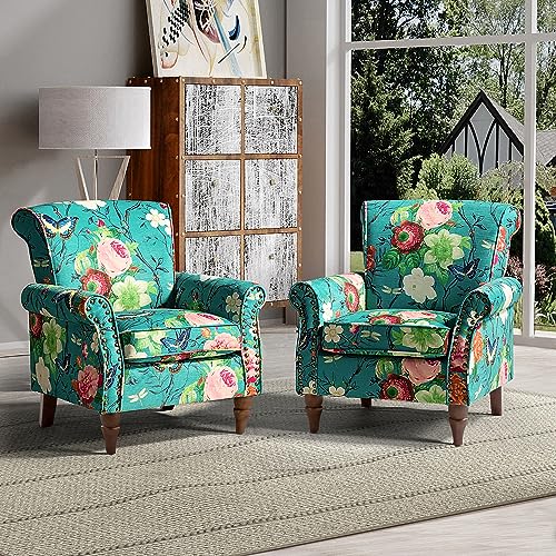 HULALA HOME Modern Wingback Accent Chair with Wood Legs & Removable Cushion, Comfy Upholstered Armchair with Nailhead Trim, Floral Pattern Single Sofa Chair for Living Room Bedroom, Blue