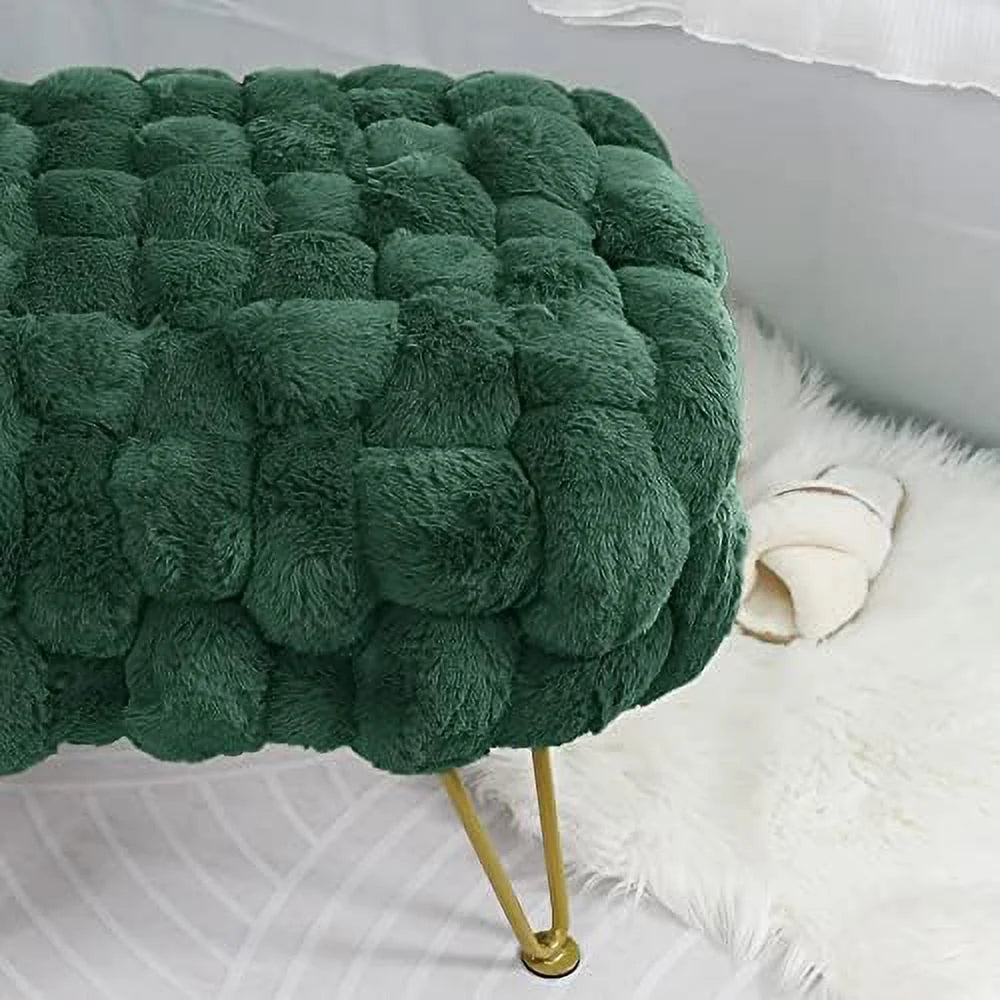 Pink Soft Faux Ottoman Fuzzy Entryway Bench Seat 27x20x19 Sturdy Accent Coffee Table for Living Room Make up Vanity Fluffy Shoe Stool with Golden Legs for Bedroom Closet F