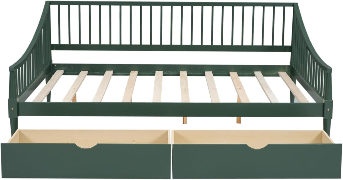 Full Size Wooden Daybed with 2 Storage Drawers and Wood Support Legs, Multi-Functional Full Day Bed wtih Rails on 3 Sides for Bedroom, Living Room and Guestroom, Green