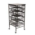 Origami Wheeled Folding Steel 5 Drawer Mesh Storage Kitchen Cart Wood Top Black