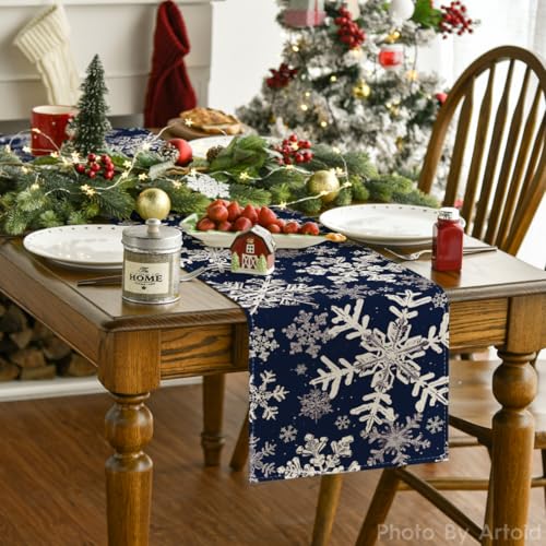 Artoid Mode Navy Blue Snowflakes Christmas Table Runner, Seasonal Winter Holiday Kitchen Dining Table Decoration for Home Party Decor 13x72 Inch
