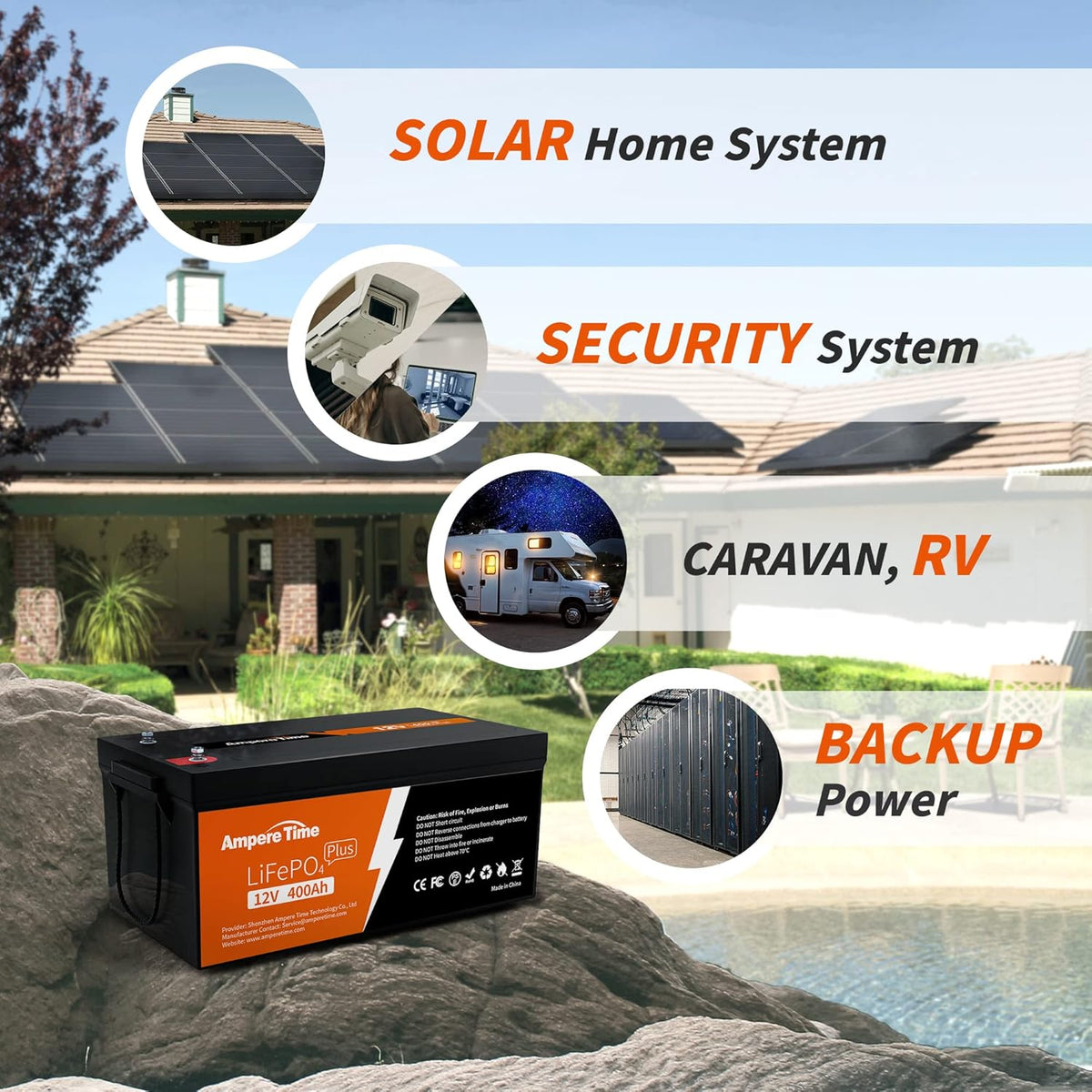 Ampere Time 12V 400Ah Deep Cycle LiFePO4 Battery Pack, with Built-in 250A BMS, Longer Runtime with 5.12kWh, 4000+ Cycle, Perfect for Solar System, RV, Backup Power, Off-Grid and Marine Applications. Pack of 2