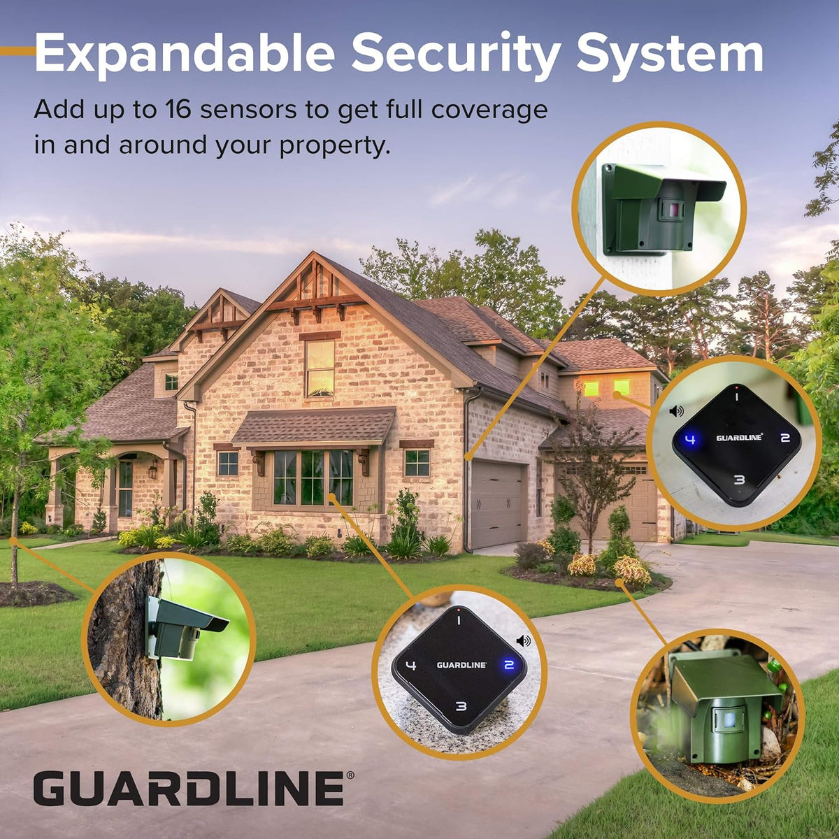 Guardline Wireless Driveway Alarm - 4 Motion Detector Alarm Sensors & 1 Receiver, 1/4 Mile Range, Weatherproof Outdoor Security Alert System for Home & Property
