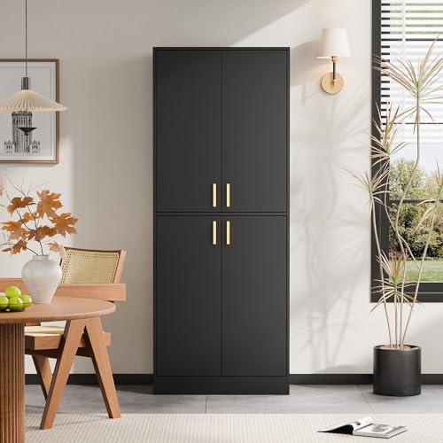 Cozy Castle Kitchen Pantry Cabinet, 71 Tall Wood Storage Cabinet with Doors and Shelves 4 Doors Freestanding Cupboard Utility Hutch for Dining Room Living Room Bathroom Furniture, Gray