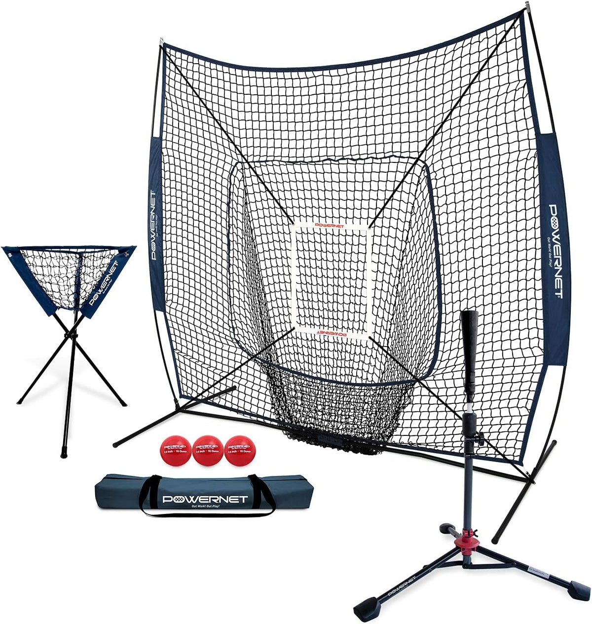 PowerNet 7x7 DLX Practice Net + Deluxe Tee + Ball Caddy + Weighted Balls + Strike Zone Bundle | Baseball Softball Training Equipment