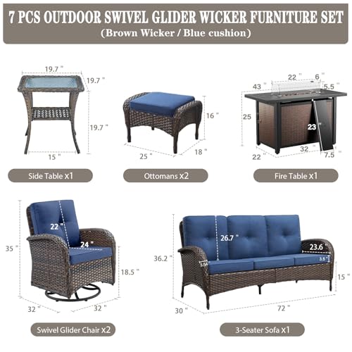 Patio Wicker Chairs Swivel Rocker - Outdoor Swivel Rocking Chairs Set of 2 with Rattan Side Table, Patio Swivel Glider Chair 3 Piece Patio Furniture Sets for Deck Porch Pool Brown/Blue