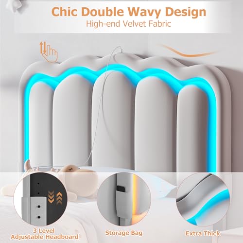 Twin Upholstered LED Bed Frame with Storage Drawer and Adjustable Chic Double Wavy Headboard, Velvet Princess Platform Bed for Kids/Girls, Solid Wood Slats Support, No Box Spring Needed, Beige