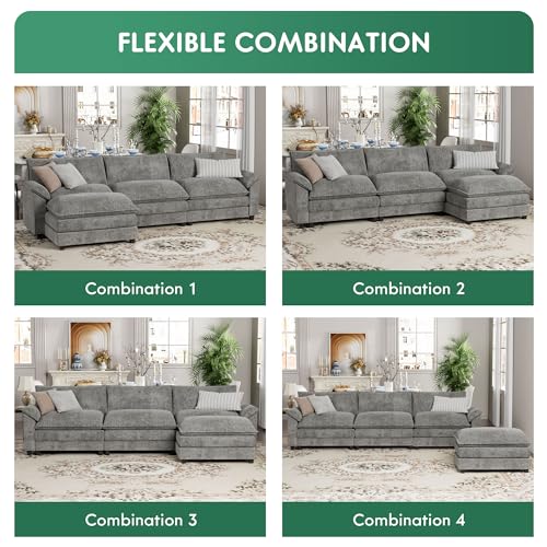 YESHOMY Sectional Modular Sofa U Shaped Chenille Fabric Couch with High Supportive & Soft Sponges and Removable Ottoman, Sleeper Comfy Upholstered Furniture for Living Room, Grey