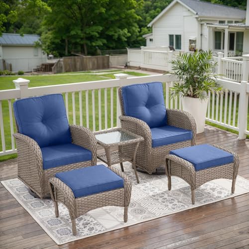 Patio Wicker Chairs Swivel Rocker - Outdoor Swivel Rocking Chairs Set of 2 with Rattan Side Table, Patio Swivel Glider Chair 3 Piece Patio Furniture Sets for Deck Porch Pool Brown/Blue