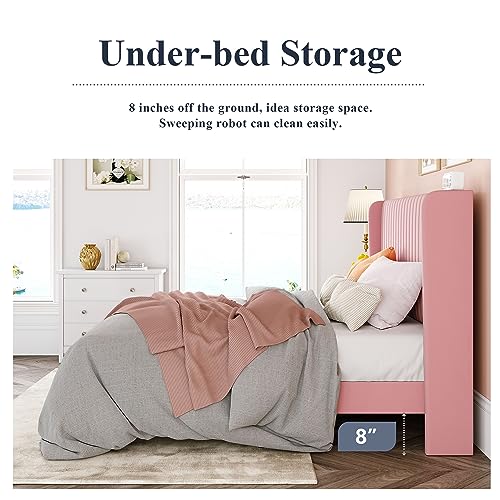 Allewie Queen Size Velvet Bed Frame/Vertical Channel Tufted Wingback Headboard/Upholstered Platform Bed/Strong Wooden Slats/No Box Spring Needed/Easy Assembly/Black