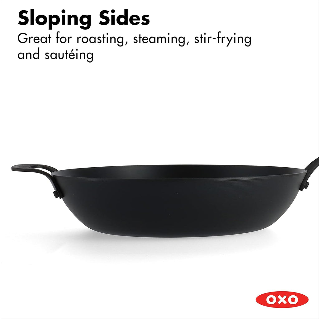 OXO Obsidian Pre-Seasoned Carbon Steel, 12 Wok Pan with Removable Silicone Handle Holder, Induction, Oven Safe, Black