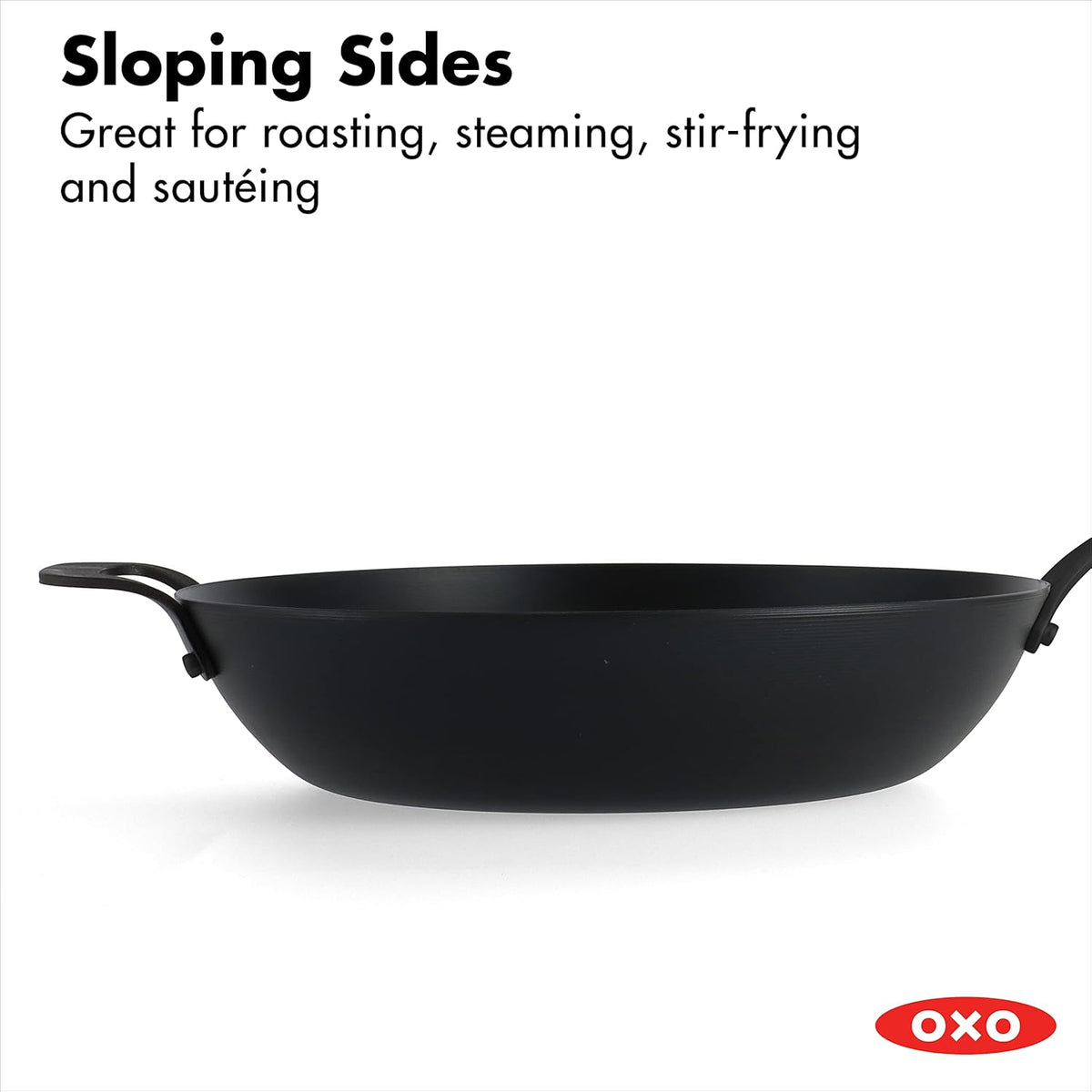 OXO Obsidian Pre-Seasoned Carbon Steel, 12 Wok Pan with Removable Silicone Handle Holder, Induction, Oven Safe, Black
